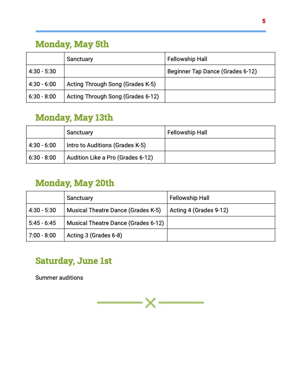 Spring Workshop Schedule